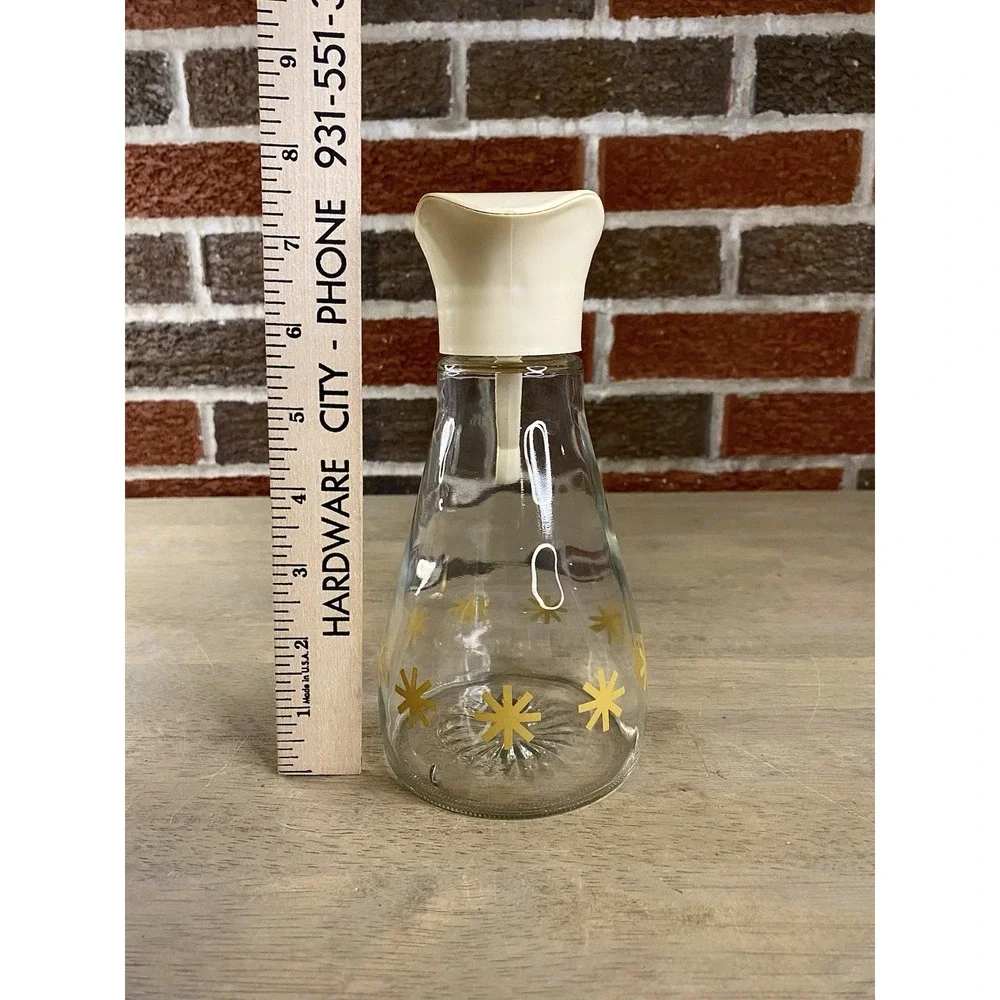 Vintage Log Cabin Syrup Pitcher Dispenser Gold Stars Starburst Clear Glass MCM
